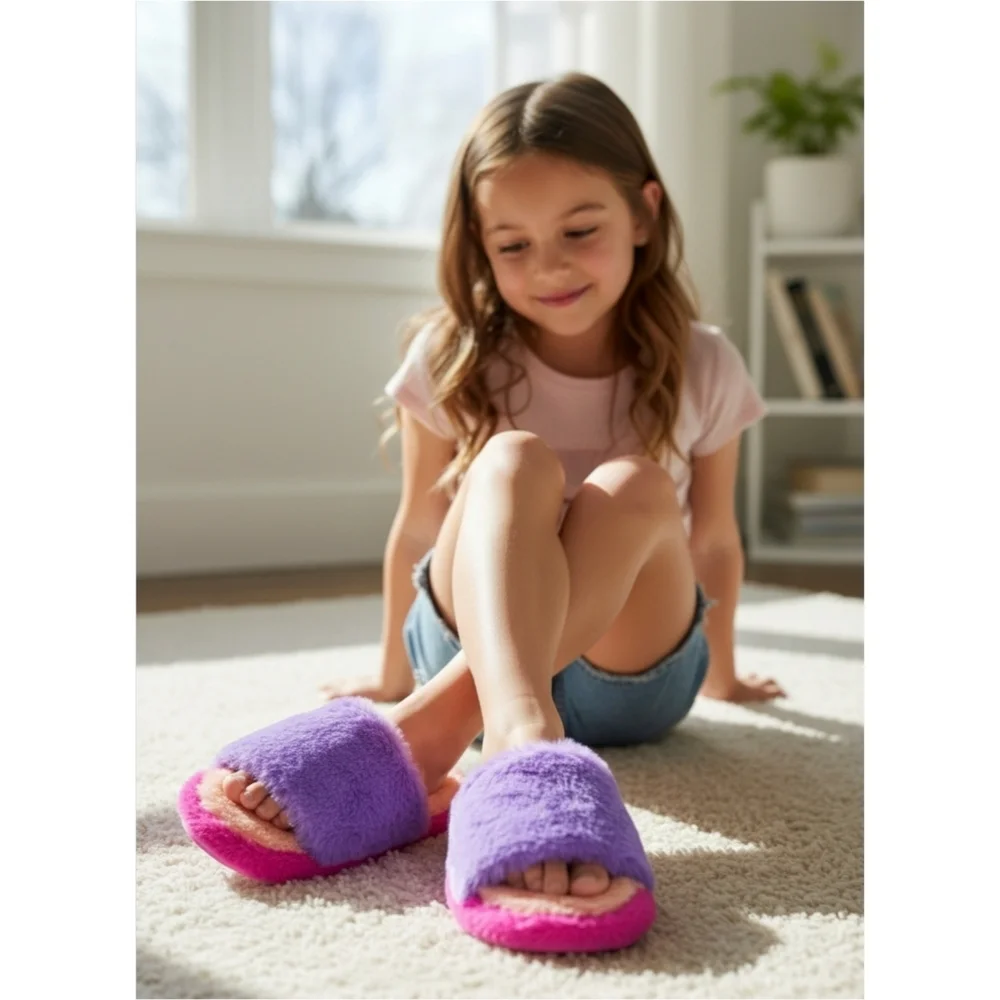 Steve Madden ✦ Frillz Slippers ✦ Faux Fur Colorblock w/ Open Toe Cozy Grip Sole